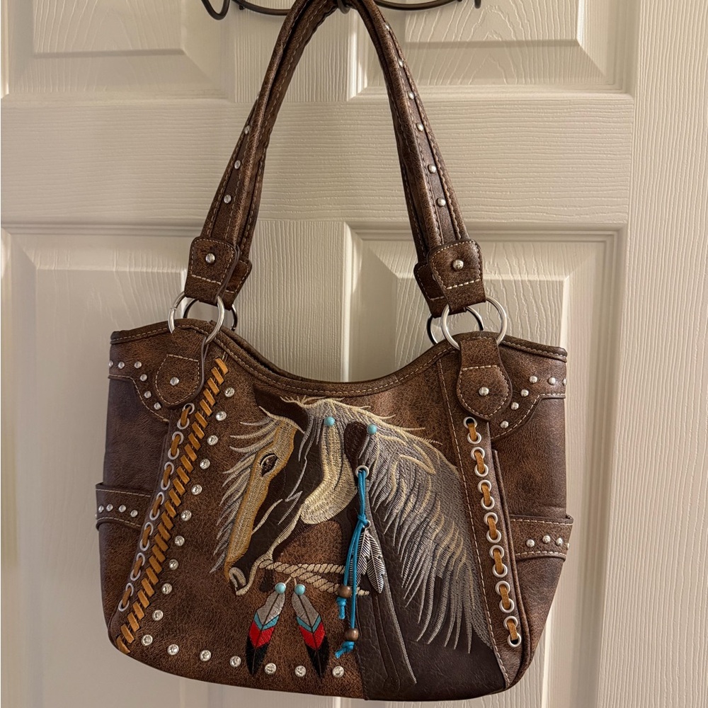 Brown Embroidered Horse Design Women's Bag